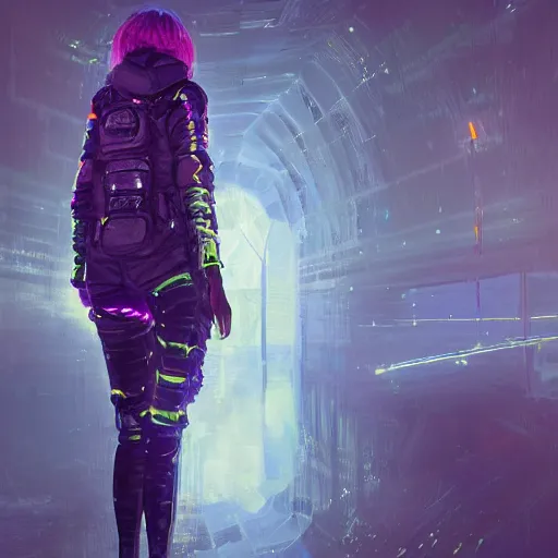 Prompt: detailed portrait of a skilled magic deepdream guardian girl cyberpunk futuristic, reflective puffer jacket, black leggings from the back radiating a glowing aura by ismail inceoglu dragan bibin hans thoma, perfect face, fine details, realistic shaded, fine - face, pretty face