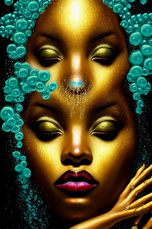 Image similar to hyperrealistic neo - rococo cinematic very expressive! black oshun goddess, open eyes, body in water, mirror dripping droplet!, gold flowers, highly detailed face, digital art masterpiece, smooth eric zener cam de leon dramatic pearlescent teal light, ground angle uhd 8 k, sharp focus