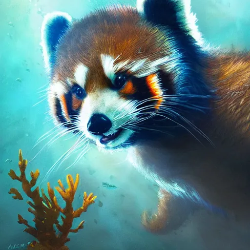 Prompt: commissioned portrait of a furry anthro female red panda scuba diving underwater, painted todd lockwood, jeff easley, greg rutkowski, james gurney, artgerm, digital art, trending on artstation