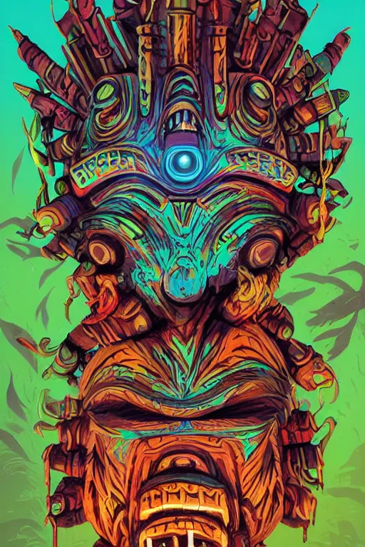 Image similar to totem animal tribal chaman vodoo mask feather gemstone plant wood rock video game illustration vivid color borderlands by josan gonzales and dan mumford radiating a glowing aura