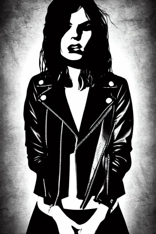 Prompt: dreamy rock girl, black leather jacket, detailed acrylic, grunge, perfect lighting. professional design. great composition, illustration