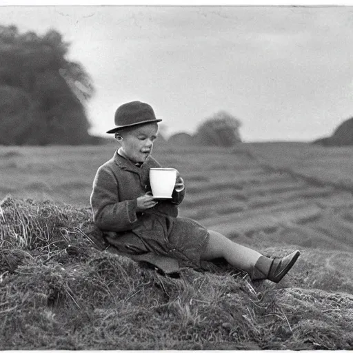 Prompt: ireland in the 1 9 3 0 s. a boy is drinking a cup of tea in a field. soft lighting. rabbits