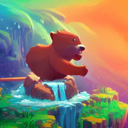 Prompt: a colorful beaver singing on top of a waterfall, colorful, hand painted, concept art, realistic, ambient occlusion, in the art style of legend of zelda and anton fadeev and romanticism and studio ghibli