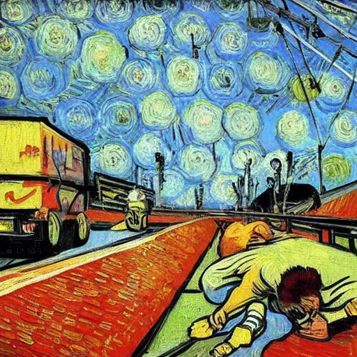 Prompt: pit lane accident. painted by van gogh. bright colors . extreme heat