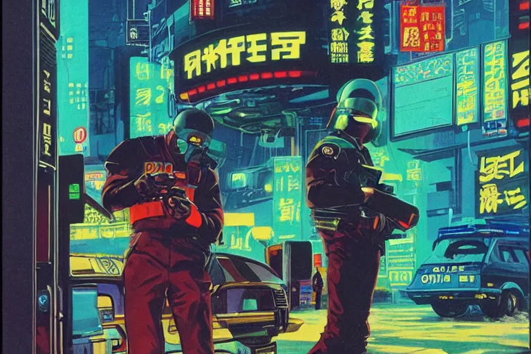 Image similar to 1979 OMNI Magazine Cover of a police stopping a downtown convenience store robbery in neo-Tokyo in cyberpunk style by Vincent Di Fate