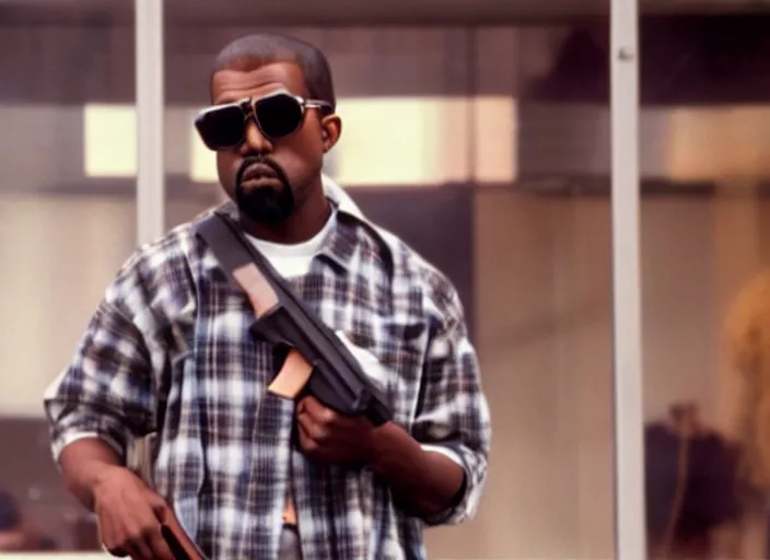 Prompt: film still of kanye west as nada wearing a flannel shirt and sunglasses and holding a shotgun with a bandolier in bank scene in they live 1 9 8 8