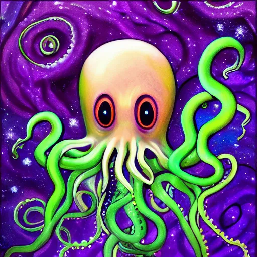 Image similar to Cthlulu!!!!!!!!!!!!!!! Squid-face lovecraftian eldritch profile pic, oil painting, tentacles, glow galaxy background,