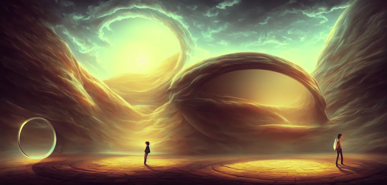 Image similar to a person standing in front of a large circular object, an album cover by cyril rolando, deviantart, magic realism, photoillustration, apocalypse art, matte drawing