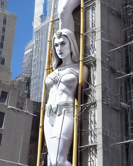 Image similar to a gigantic 500 foot tall white marble statue of Gal Gadot as Wonder Woman surrounded in scaffolding in downtown NYC