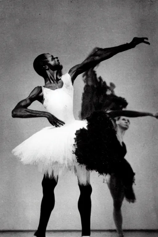 Prompt: black thin man wearing a pink tutu and dying in swan lake ballet on stage