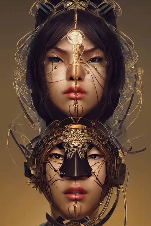 Image similar to stunningly beautiful, clockwork ninja in jungle, symmetrical face, golden hour, smooth, focus, highly detailed, hyper realistic, dramatic lighting, elegant, intricate, concept art, low angle, art by wlop, mars ravelo, greg rutowski, artstation