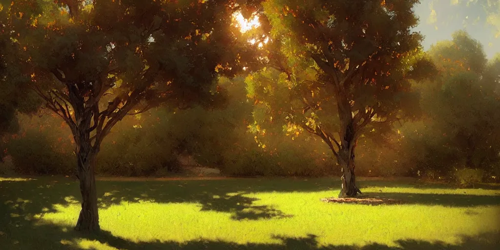 Image similar to digital art painting of a single tree in the middle of a front yard painted by craig mullins and gaston bussiere and greg rutkowski