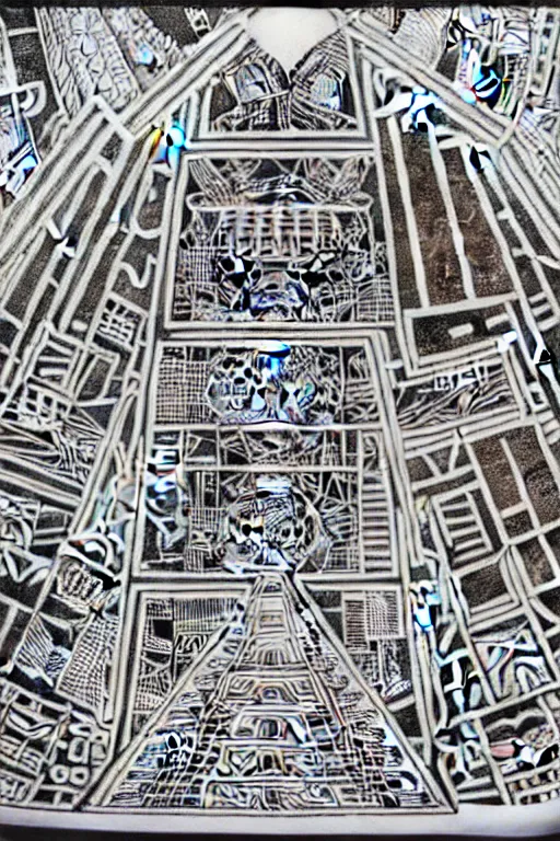 Image similar to a black and white drawing of an ancient future mayan temple mandala cityscape, a detailed mixed media collage by hiroki tsukuda and eduardo paolozzi and moebius, intricate linework, sketchbook psychedelic doodle comic drawing, geometric, street art, polycount, deconstructivism, matte drawing, academic art, constructivism