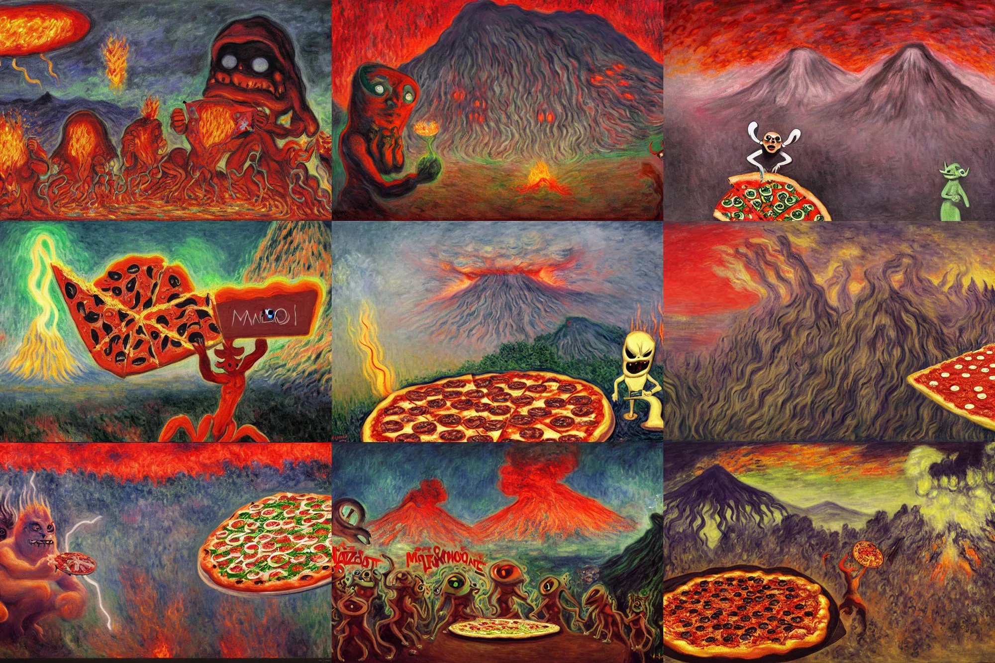 Prompt: masked demons grabbing a large pizza!!!, in the background is a volcano spewing lava and black smoke, streams of glowing hot lava, flashes of lightning in the distance. wide angle, long shot, an ultrafine detailed painting by claude monet, deviantart, pop surrealism