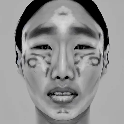 Image similar to hyper realistic k - pop idol black and white portrait with facial scars