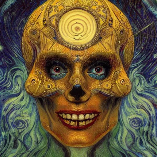 Image similar to Memento Mori by Karol Bak, Jean Deville, Gustav Klimt, and Vincent Van Gogh, beautiful visionary mystical portrait, calavera, otherworldly, fractal structures, ornate gilded medieval icon, third eye, spirals, sugar skull by Van Gogh