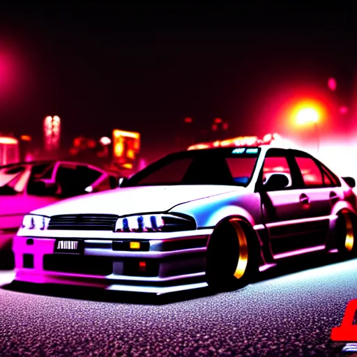 Image similar to a car JZX90 turbo drift at illegal car meet, Chiba prefecture, city midnight mist lights, cinematic color, photorealistic, highly detailed, work wheels, 85MM