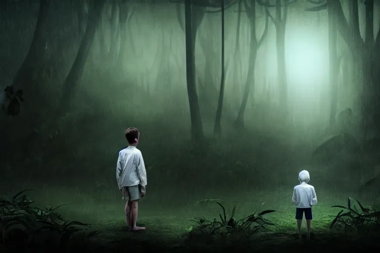 Image similar to boy in a conversation with a macabre soul looking like a ghost in the middle of a rain forest at night, realistic, obscure, dramatic scene, matte painting