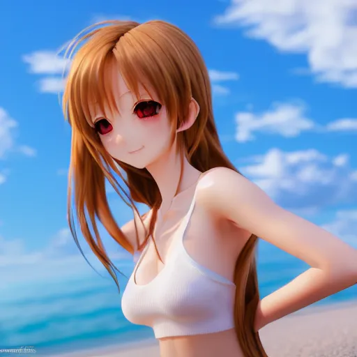 Prompt: nymph render of a very beautiful 3d anime girl, long hair, hazel eyes, cute freckles, full round face, short smile, cute white t-shirt, golden hour, serene beach setting, medium shot, mid-shot, highly detailed, trending on Artstation, Unreal Engine 4k