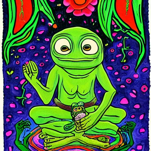 Prompt: a portrait of pepe the frog meditating and reaching nirvana, by matt furie