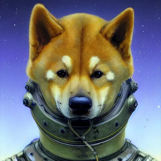 Image similar to realistic anthropomorphic shiba inu, in radiation suit armor, fantasy science fiction, glowing electric aura, by donato giancola and greg rutkowski and wayne barlow and zdzisław beksinski, realistic face, visible face, digital art, artstation, symmetry