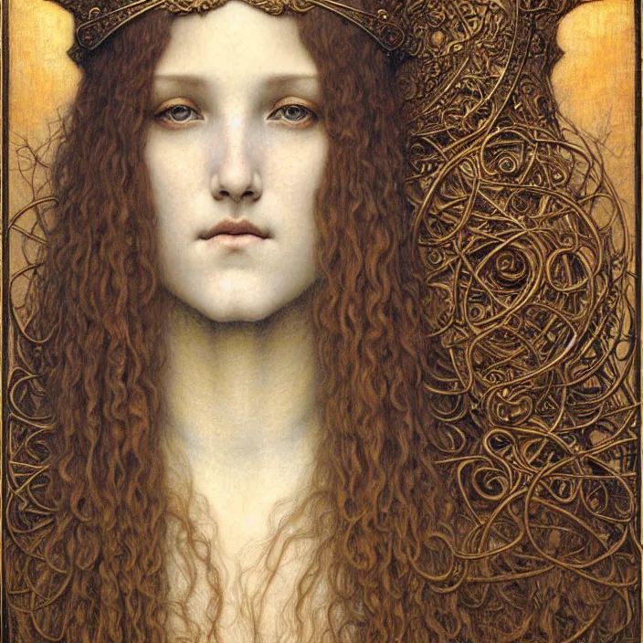 Image similar to detailed realistic beautiful young medieval queen face portrait by jean delville, gustave dore and marco mazzoni, art nouveau, symbolist, visionary, gothic, pre - raphaelite. horizontal symmetry