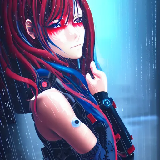 Prompt: seductive female cyborg, in the rain, highly detailed, painting, dark red, azure blue and black color palette, intricate, high quality anime artstyle, in the style of sana takeda