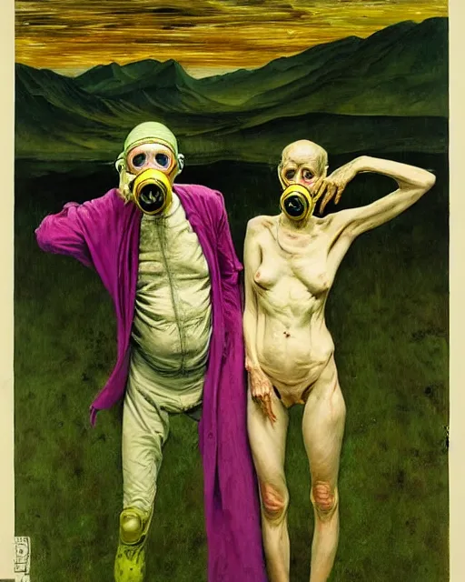 Image similar to two skinny old people with extra limbs, wearing gas masks and robes of gold, green and pink, cinematic, dystopian, eerie, horror, gothic, highly detailed painting by Jenny Saville, Esao Andrews, Francis Bacon, !!!Edward Hopper!!! surrealism, art by Takato Yamamoto and James Jean