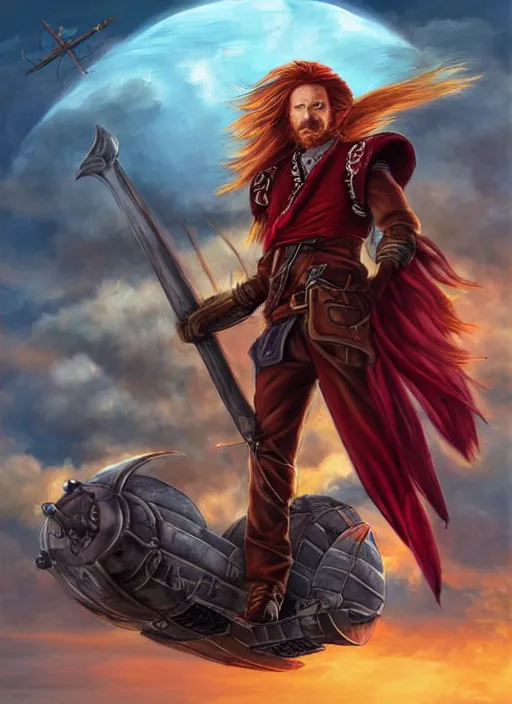 Image similar to epic fantasy portrait painting of a long haired, red headed male sky - pirate in front of an airship in the style of the gundam