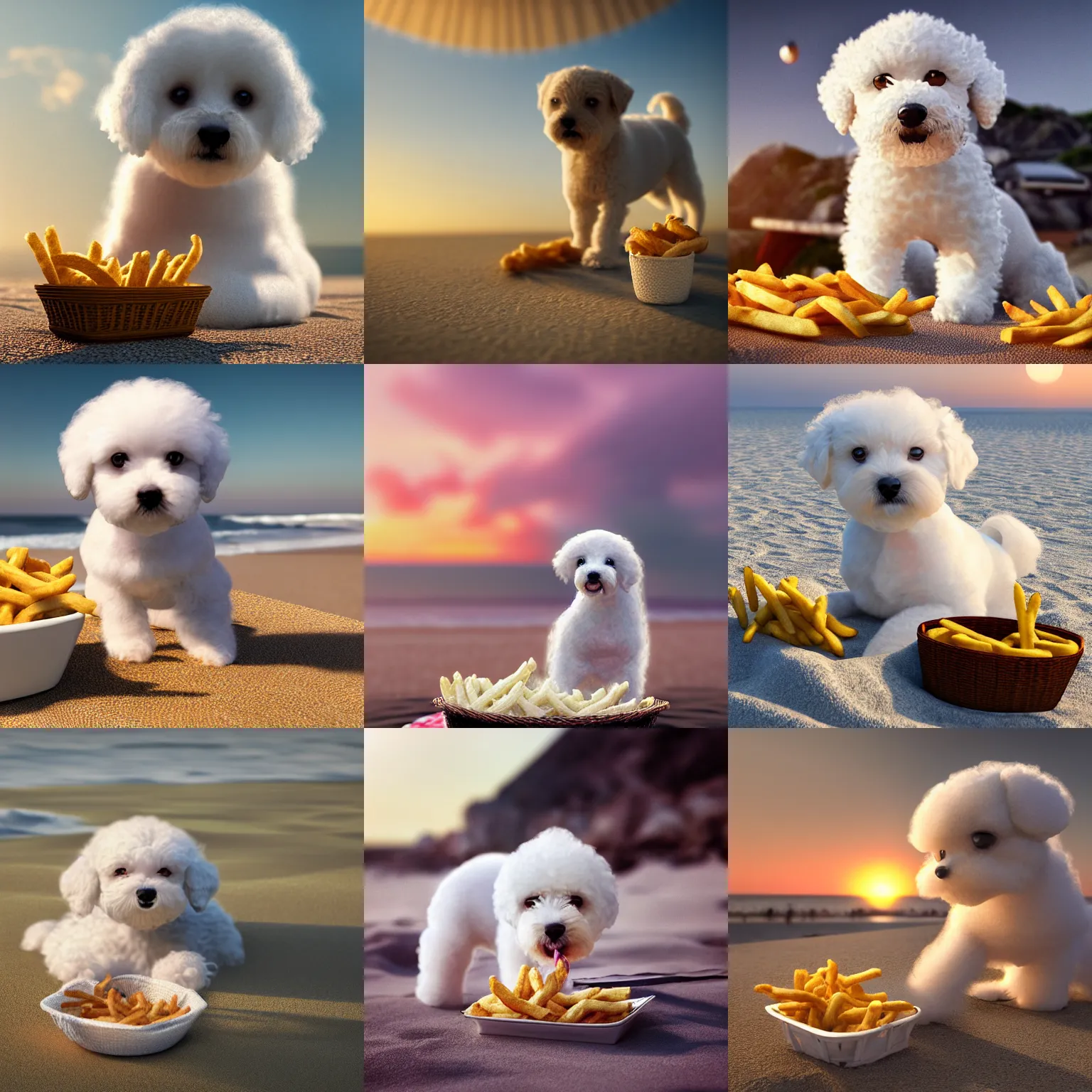 Prompt: a photorealistic photograph of a knitted white bichon puppy eating basket of french fries during sunset at the beach Trending on artstation, featured on Behance, well-rendered, Unreal Engine, 4K HD