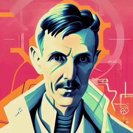 Image similar to glorious futuristic visionary inventor nikola tesla profile picture by sachin teng, c 2 1 5 and artgerm, masterpiece, organic painting, matte painting, technical geometrical drawing shapes, lightning electricity coil, hard edges, graffiti, street art by sachin teng and c 2 1 5