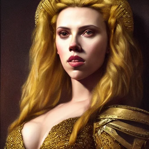 Image similar to the portrait of scarlett johansson as amazon in intricate dress by roberto ferri, fantasy, witcher, very detailed oil painting, masterpiece, 8 k