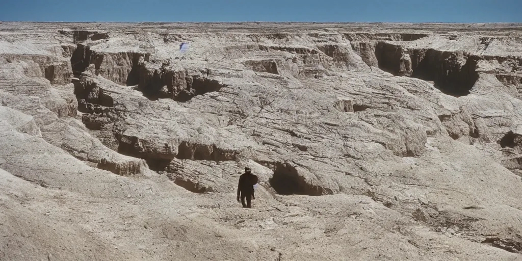 Image similar to photo of green river, wyoming cliffs. the silhouette of an old man in a trench coat and a cane stands still very far away in the distance, facing at the camera. midday sun. hot and dry conditions. kodak ektachrome.