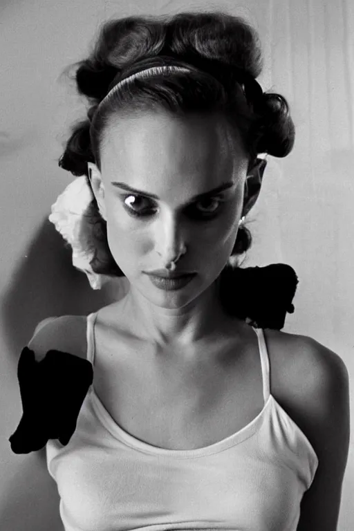 Image similar to 23 year old natalie portman making stupid faces, dressed like a clown from the 40s, loose messy hair , thoughtful eyes, wearing a thin white skimpy cotton camisole, pale skin, poised beautiful body, symmetrical face, zen aesthetic, interior design, amber and blue color scheme, sophisticated, pensive, contemplation, meditation, aloof, ethereal, realistic painting