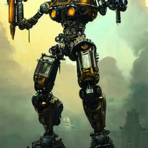 Image similar to pacific rim robots, full body image, steam punk, 70's sci-fi, extremely detailed digital painting, in the style of Fenghua Zhong and Ruan Jia and Jermy lipking and peter mohrbacher, mystic colors, highly detailed, deep aesthetic, 8k, highly ornate intricate details, cinematic lighting, rich colors, digital artwork, ray tracing, hyperrealistic, photorealistic, cinematic landscape, trending on artstation,