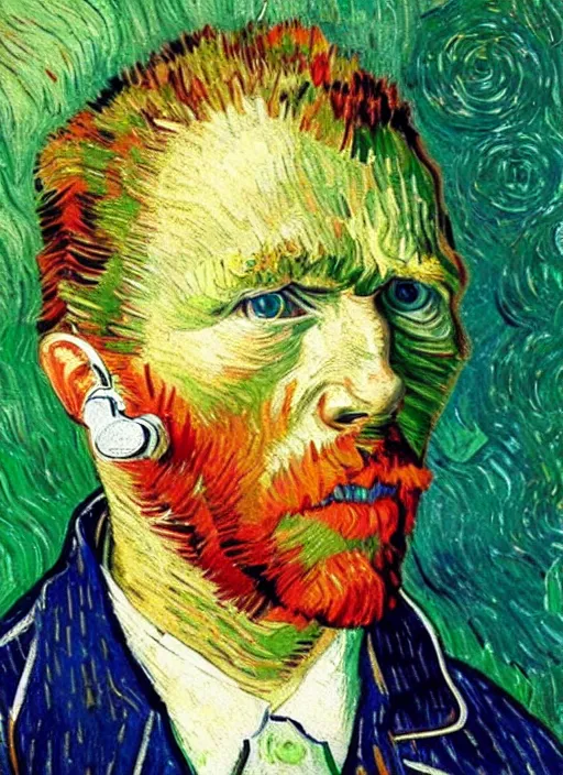 Image similar to lifelike oil painting self - portrait of van gogh wearing headphones