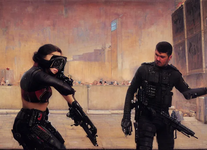 Prompt: Sara evades sgt Griggs. Athletic Cyberpunk hacker escaping Menacing Cyberpunk police trooper griggs. (dystopian, police state, Cyberpunk 2077, bladerunner 2049). Iranian orientalist portrait by john william waterhouse and Edwin Longsden Long and Theodore Ralli and Nasreddine Dinet, oil on canvas. Cinematic, vivid colors, hyper realism, realistic proportions, dramatic lighting, high detail 4k