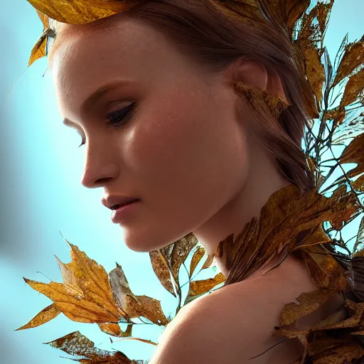 Prompt: a highly detailed digital image of a futuristic woman elegantly wrapped with leaves, by Andrea Chiampo, artstation and Frederik Heyman, extremely detailed woman, stunning volumetric lighting, hyper realism, fantasy 4k