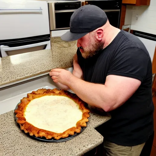 Image similar to ethan van sciver with a bald head and grey trimmed beard is sniffing a warm baked pie in his kitchen in the middle of the night h 7 0 4