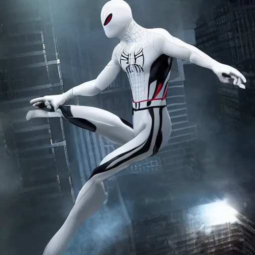 Image similar to white spider - man suit with black web lining, cinematic, volumetric lighting, realistic, hyperdetailed, photorealistic, photograph