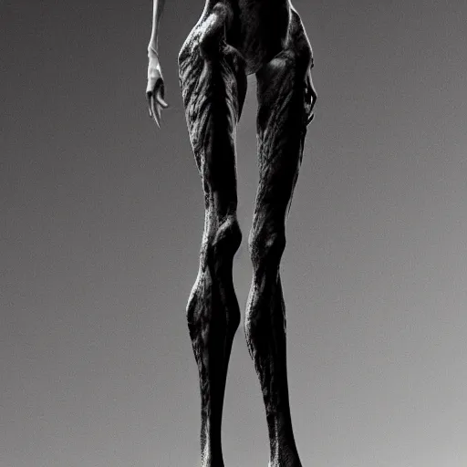 Image similar to standing photorealistic detailed tall skinny humanoid creature, extremly detailed, black and white, 8 k, realistic, sharp focus, cosmic horror creature, cosmic horror