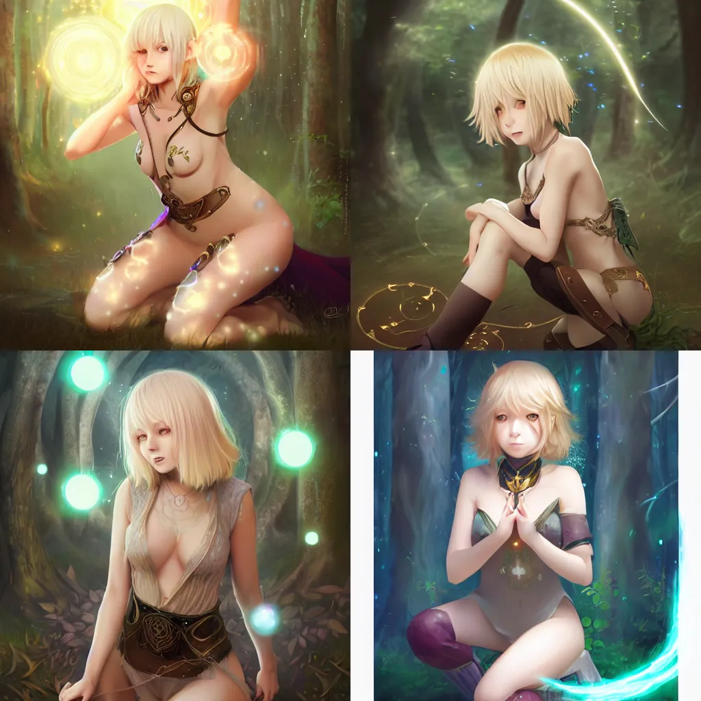 Prompt: a cute sorceress with short blonde hair, with many detailed sigils made of magical energy orbiting in circles over her body, protecting her as she crouches warily on a forest path, fantasy anime, digital painting by WLOP