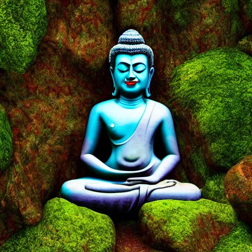 Prompt: a dreamy amitabha buddha meditating in a lush jurassic landscape, mossy rocks, lightening, a bright blue waterfall, 4 k, hyper realistic, in he style of national geographic, coherent design, symmetrical, vivid colour, complementary colour, golden ratio, detailed, sharp lines, intricate, rainbow shift, in unreal 3 d engine, ray tracing, octane render