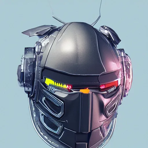 Image similar to cyberpunk helmet in the shape of a bird with stickers by Vitaly Bulgarov, a beak, concept art, artstation, high details, stickers