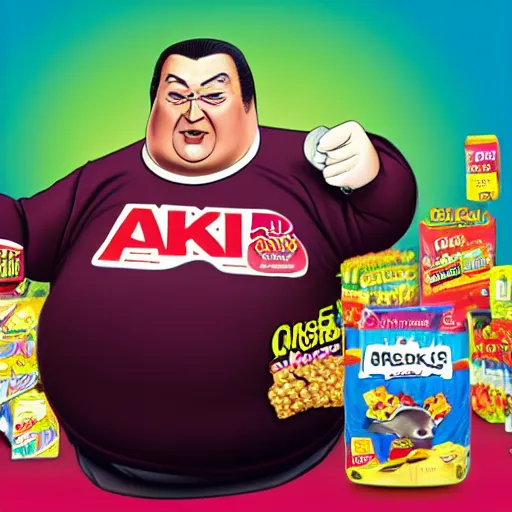 Image similar to obese steven seagal as sponsor of a sugary cereal called aikidos! with mischievous cartoon rat mascot