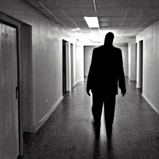Prompt: a dark figure at the end of a creepy empty office hallway. movie still. craiglist photo.