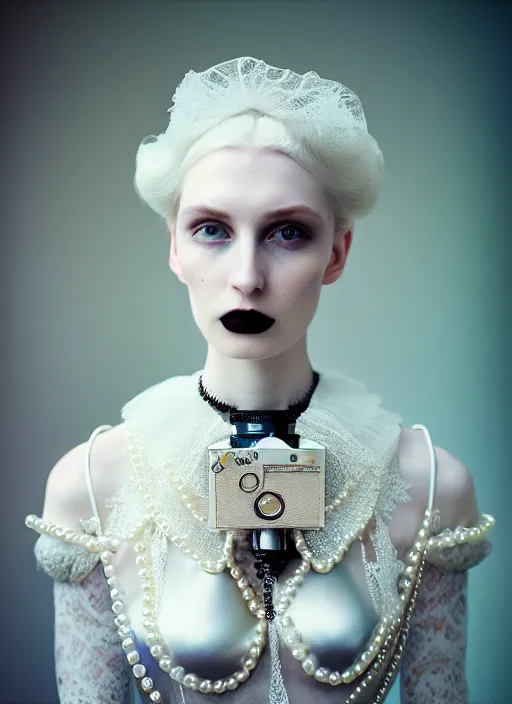 Image similar to kodak portra 4 0 0 photo portrait of a beautiful pale woman in style of tim walker, silver lace pearl steampunk biomechanic beautiful, big monocular, 1 5 0 mm, f 1. 2, volumetric light, coloured gel studio light, gothic fashion intricate pearl embroidered collar, unreal engine 5, 8 k