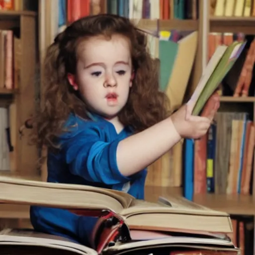 Image similar to A young Matilda using her powers to destroy some bad evil with books around her