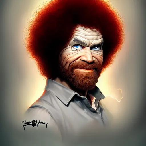 Prompt: Portrait of an evil looking Bob Ross, hairs of red flames, fantasy, D&D, intricate, highly detailed, digital painting, trending on artstation, sharp focus, illustration, style of Stanley Artgerm