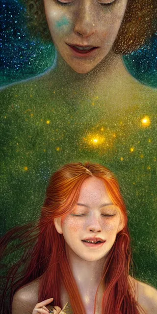 Image similar to infp young woman, smiling, amazed by golden fireflies lights, sitting in the midst of nature fully covered, long loose red hair, intricate linework, green eyes, small nose with freckles, oval shape face, realistic, expressive emotions, dramatic lights mystical scene, hyper realistic ultrafine art by michael cheval, jessica rossier, boris vallejo